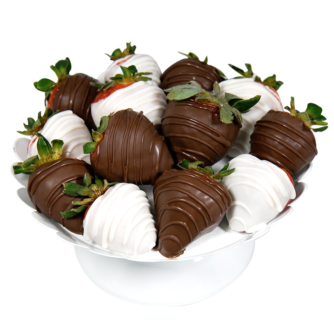 Assortment of strawberries dipped in milk chocolate and white chocolate