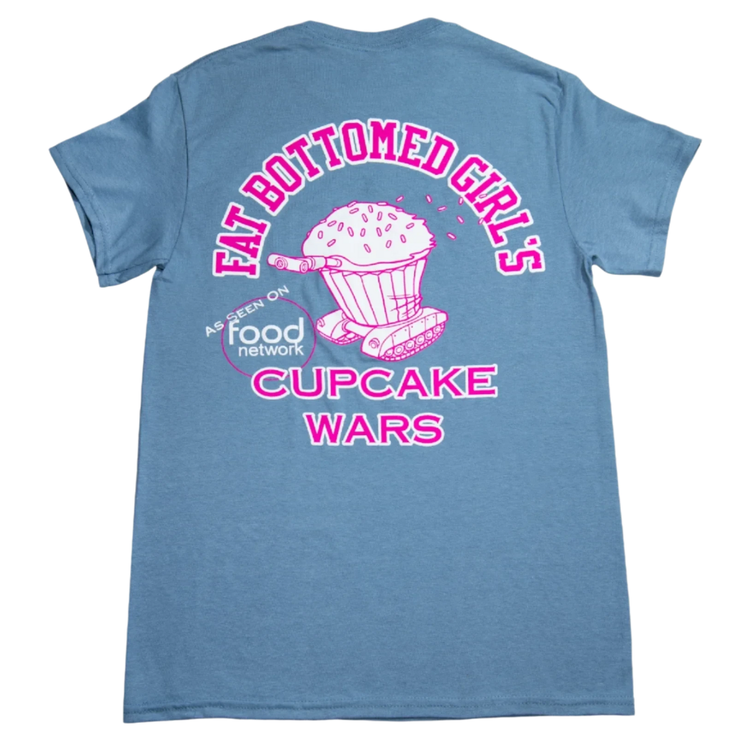 Baby blue short sleeve T-shirt with vibrant pink text.