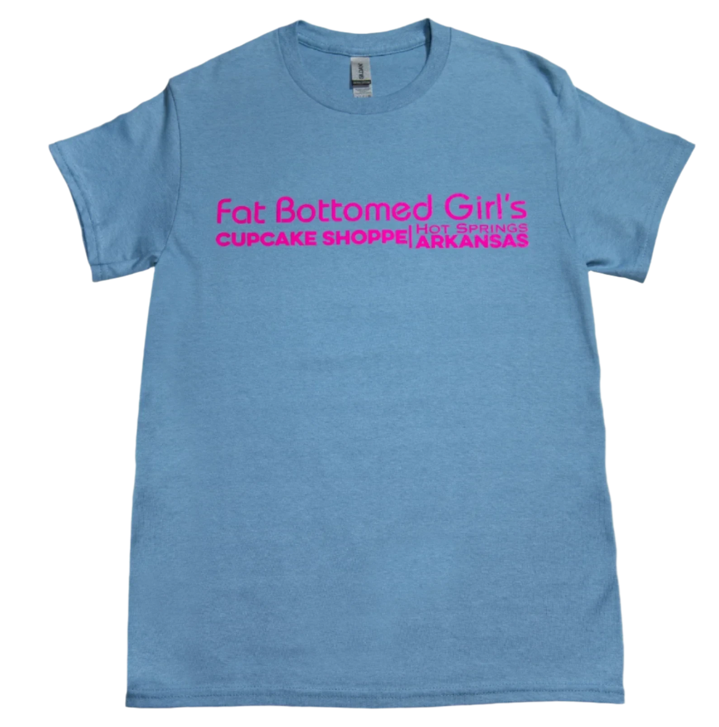 Baby blue short sleeve T-shirt with vibrant pink text.