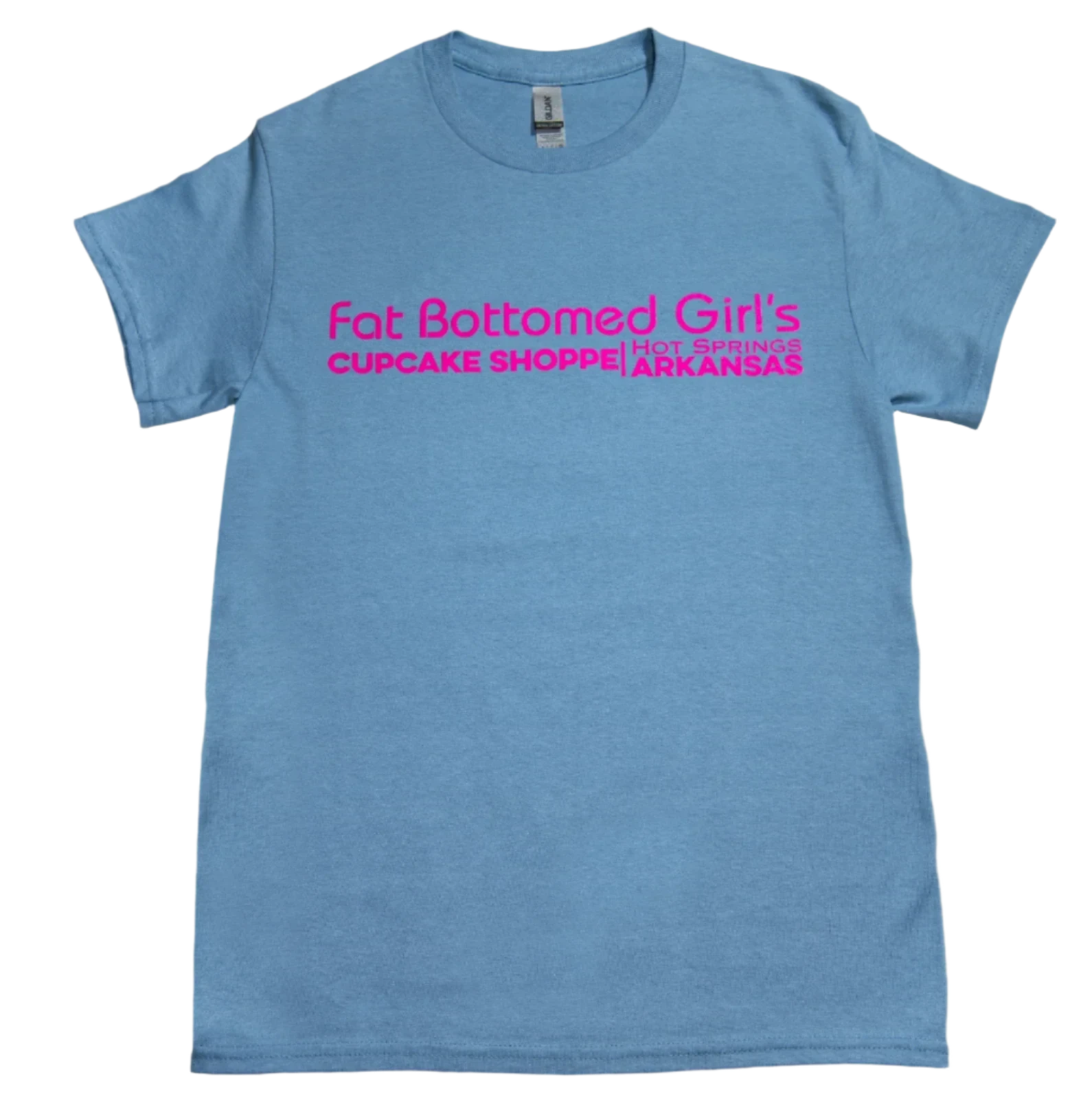 Baby blue short sleeve T-shirt with vibrant pink text.