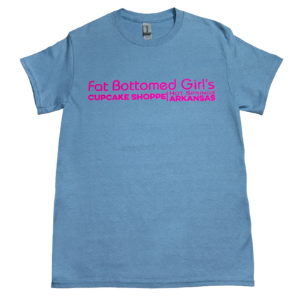 Baby blue short sleeve T-shirt with vibrant pink text.