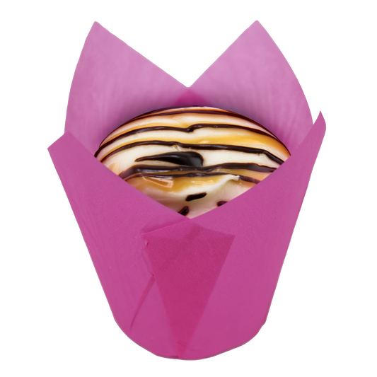 Salted caramel cupcake in a pink wrapper