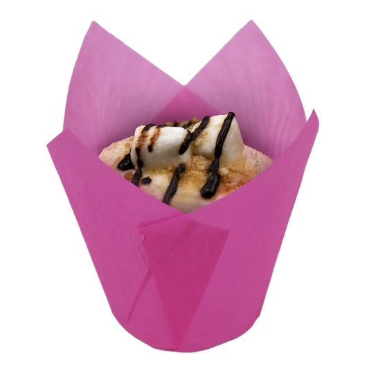 Smores cupcake in a pink wrapper